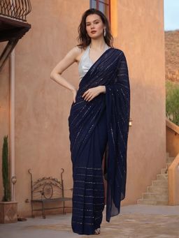 Jaipur Kurti - Navy Blue Georgette Embroidered Saree with Unstitched Blouse