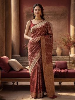 Jaipur Kurti - Maroon Silk Blend Woven Saree with Unstitched Blouse