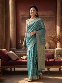 Jaipur Kurti - Blue Silk Blend Woven Saree with Unstitched Blouse