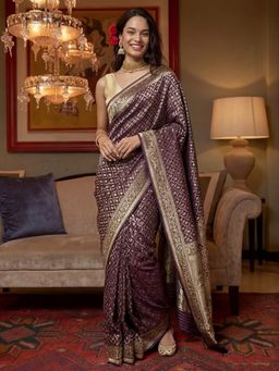 Jaipur Kurti - Purple Silk Blend Woven Saree with Unstitched Blouse