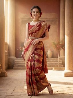 Jaipur Kurti - Maroon Silk Blend Woven Saree with Unstitched Blouse