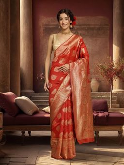 Jaipur Kurti - Red Silk Blend Woven Saree with Unstitched Blouse