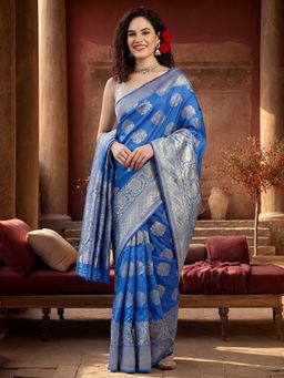 Jaipur Kurti - Blue Silk Blend Woven Saree with Unstitched Blouse