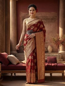 Jaipur Kurti - Maroon Silk Blend Woven Saree with Unstitched Blouse