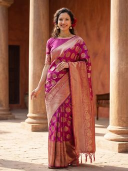 Jaipur Kurti - Pink Silk Blend Woven Saree with Unstitched Blouse