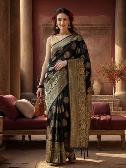 Jaipur Kurti - Black Silk Blend Woven Saree with Unstitched Blouse
