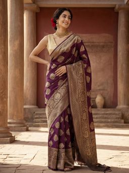 Jaipur Kurti - Purple Silk Blend Woven Saree with Unstitched Blouse