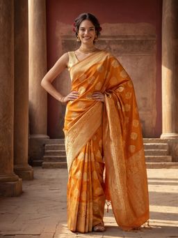Jaipur Kurti - Orange Silk Blend Woven Saree with Unstitched Blouse