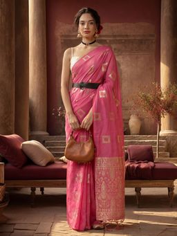 Jaipur Kurti - Pink Cotton Blend Woven Saree with Unstitched Blouse