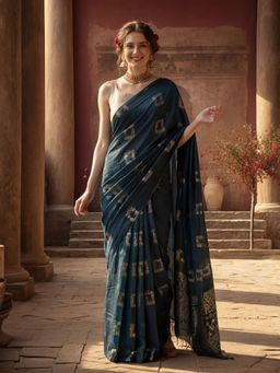 Jaipur Kurti - Teal Cotton Blend Woven Saree with Unstitched Blouse