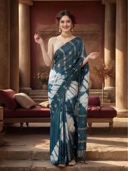 Jaipur Kurti - Teal Cotton Blend Tie & Dye Saree with Unstitched Blouse