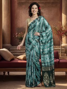 Jaipur Kurti - Green Cotton Blend Tie & Dye Saree with Unstitched Blouse