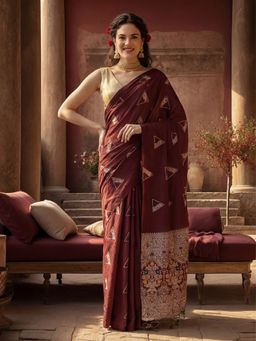 Jaipur Kurti - Maroon Silk Blend Woven Saree with Unstitched Blouse