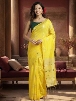 Jaipur Kurti - Mustard Silk Blend Woven Saree with Unstitched Blouse