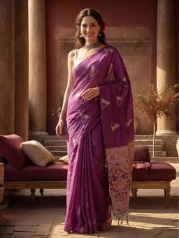 Jaipur Kurti - Purple Silk Blend Woven Saree with Unstitched Blouse