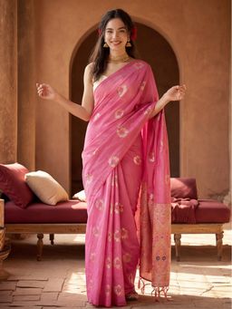 Jaipur Kurti - Peach Silk Blend Woven Saree with Unstitched Blouse