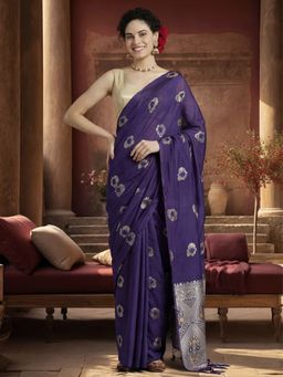 Jaipur Kurti - Navy Blue Silk Blend Woven Saree with Unstitched Blouse