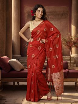 Jaipur Kurti - Red Silk Woven Saree with Unstitched Blouse