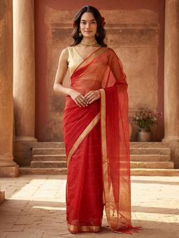 Jaipur Kurti - Red Organza Woven Saree with Unstitched Blouse