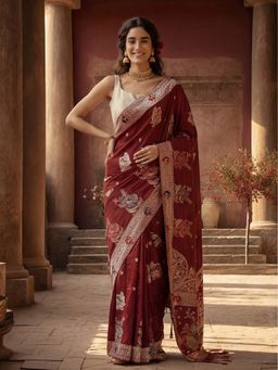 Jaipur Kurti - Maroon Silk Blend Woven Saree with Unstitched Blouse