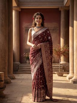 Jaipur Kurti - Burgundy Silk Blend Woven Saree with Unstitched Blouse