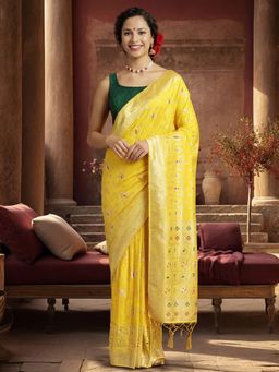 Jaipur Kurti - Yellow Silk Blend Woven Saree with Unstitched Blouse