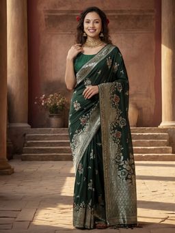 Jaipur Kurti - Green Silk Blend Woven Saree with Unstitched Blouse