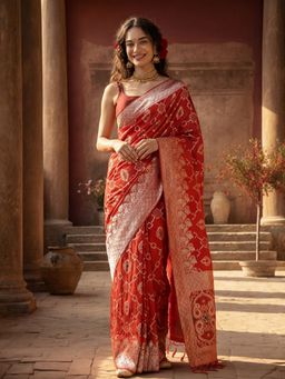 Jaipur Kurti - Red Silk Blend Woven Zari Saree with Unstitched Blouse
