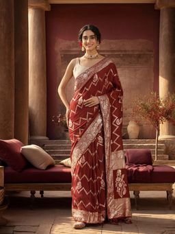 Jaipur Kurti - Maroon Silk Blend Woven Zari Saree with Unstitched Blouse