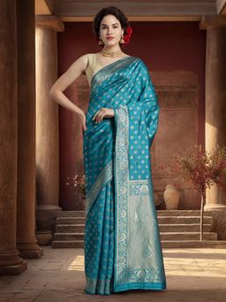Jaipur Kurti - Blue Silk Blend Woven Saree with Unstitched Blouse