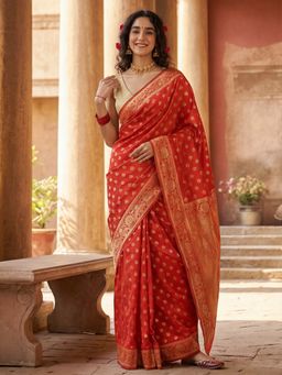 Jaipur Kurti - Red Silk Blend Woven Saree with Unstitched Blouse