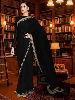 Kartika - Black Georgette Gold Embroidered Border Saree with Unstitched Blouse
