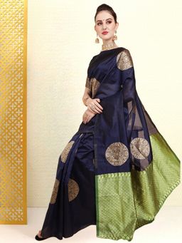 Kartika - Navy Blue Art Silk Blend Zari Circular Motifs Saree with Unstitched Blouse