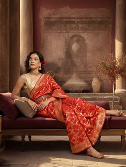 Jaipur Kurti - Red Silk Blend Woven Saree with Unstitched Blouse