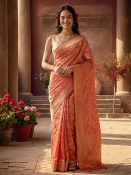 Jaipur Kurti - Peach Silk Blend Woven Zari Saree with Unstitched Blouse