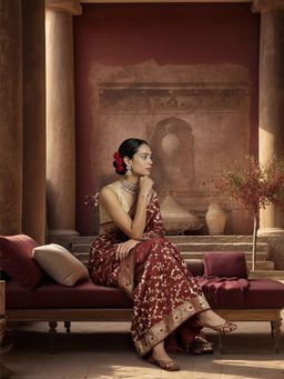 Jaipur Kurti - Maroon Silk Blend Woven Saree with Unstitched Blouse