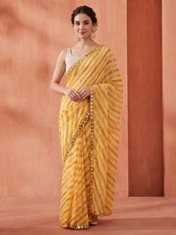 Jaipur Kurti - Yellow Georgette Stripes Saree with Unstitched Blouse