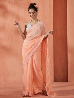 Jaipur Kurti - Orange Georgette Embroidered Saree with Unstitched Blouse