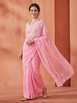 Jaipur Kurti - Pink Georgette Embroidered Saree with Unstitched Blouse