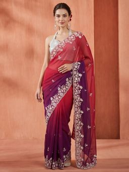 Jaipur Kurti - Burgundy Georgette Embroidered Saree with Unstitched Blouse