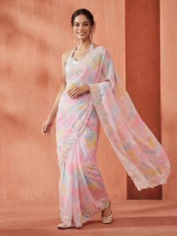 Jaipur Kurti - Blue Georgette Embroidered Saree with Unstitched Blouse