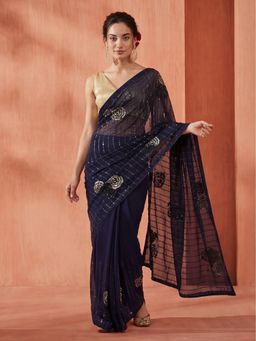 Jaipur Kurti - Navy Blue Georgette Embroidered Saree with Unstitched Blouse