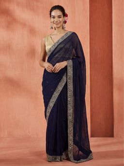 Jaipur Kurti - Blue Georgette Embroidered Saree with Unstitched Blouse
