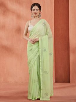 Jaipur Kurti - Green Georgette Embroidered Saree with Unstitched Blouse