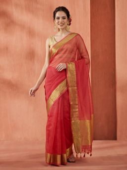 Jaipur Kurti - Pink Cotton Blend Woven Saree with Unstitched Blouse