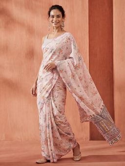 Jaipur Kurti - Off White Satin Printed Saree with Unstitched Blouse