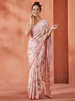 Jaipur Kurti - Pink Satin Printed Saree with Unstitched Blouse