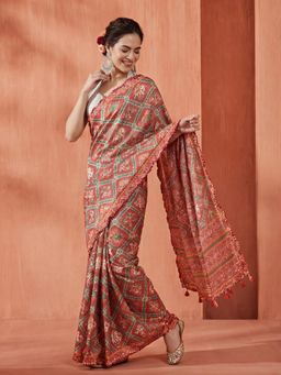 Jaipur Kurti - Pink Satin Printed Saree with Unstitched Blouse