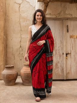Jaipur Kurti - Red Cotton Printed Saree with Unstitched Blouse