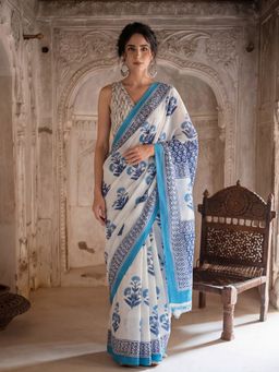 Jaipur Kurti - White Pure Cotton Floral Saree with Unstitched Blouse